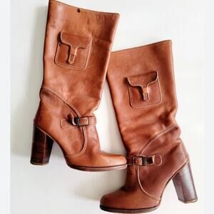 Zodiac Brown Leather Knee High Boots Block Heel Utility Pocket Y2K 2000s 5M